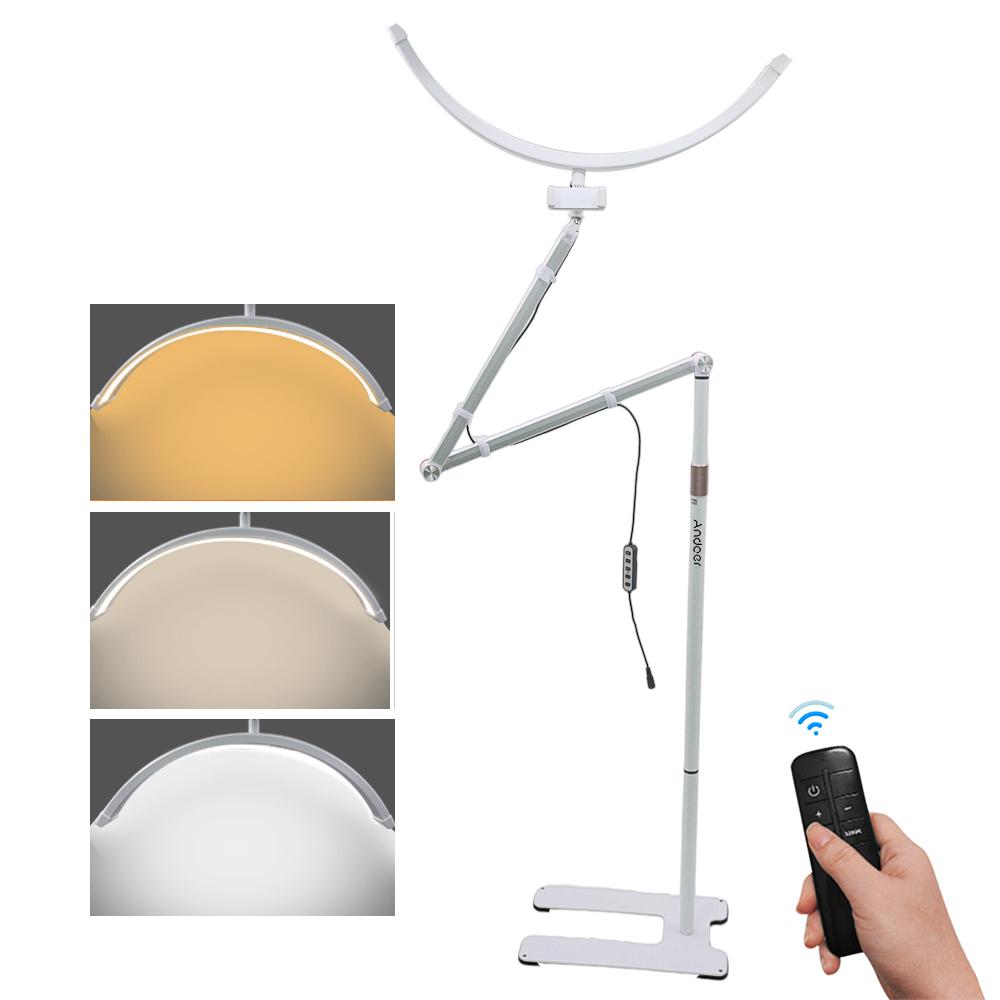 Andoer HD-M700X 23 pouces plancher LED lumière vidéo 36W demi-lune en forme de lumière de remplissage 3200K-5600K variable EU Plug blanc