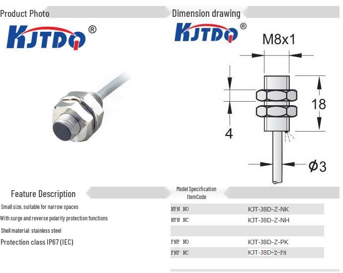 KJTDQ Ultra-short M8 Proximity Sensor, 24V Three-wire NPN Normally Open