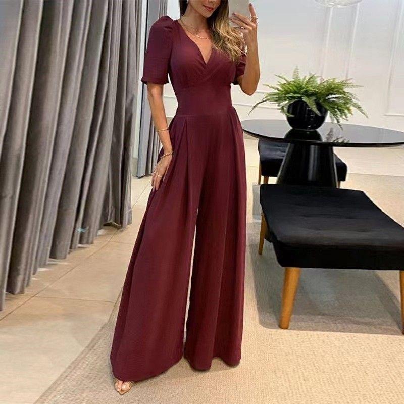 

Fashion Style Casual V-neck Tied High Waist Puff Sleeves Wide Leg Jumpsuit V-neck Lace up Jumpsuit Red Brown S