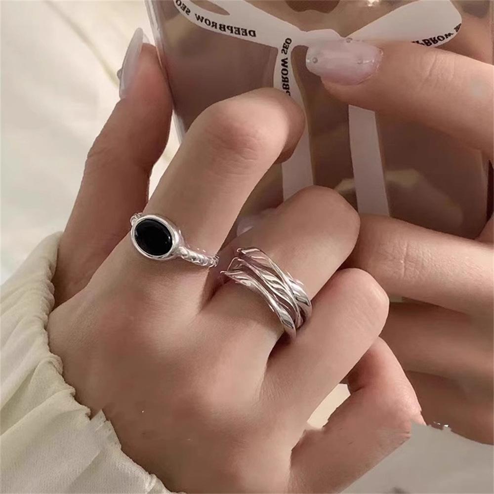 Black and white cold wind opal black agate ring stacked open ring jewelry