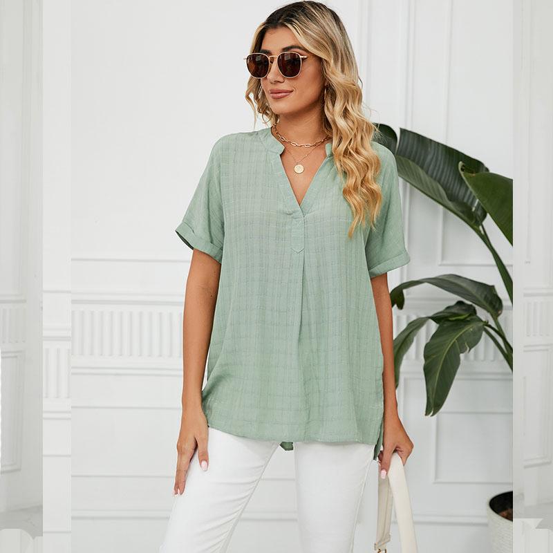 Summer Women's Shirt Thin V-neck Casual Pullover Solid Color Loose Shirt Top Women's T-shirt