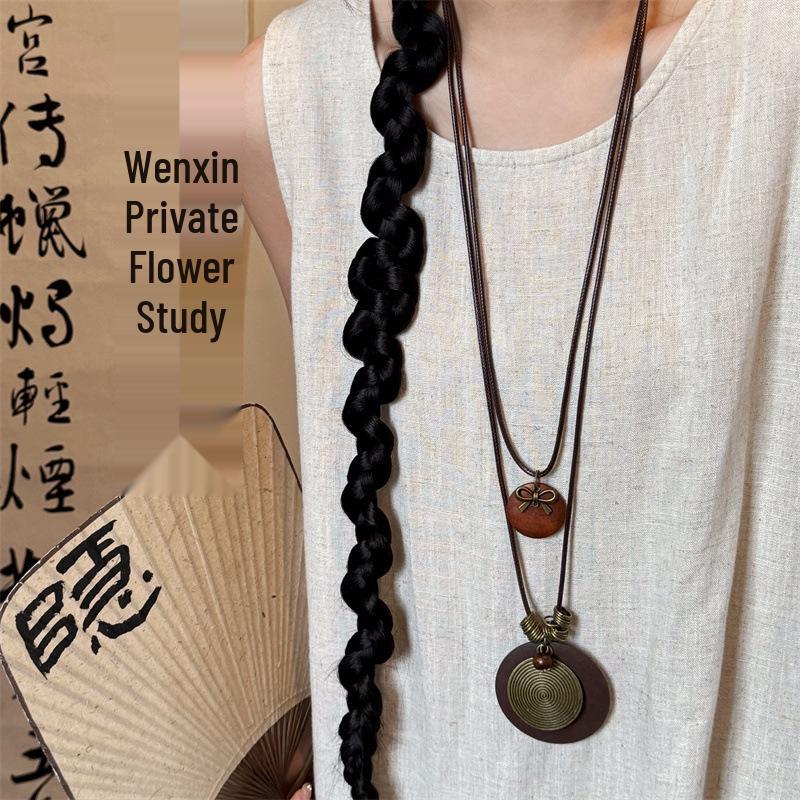 Women's Double Layer Retro Ethnic Beaded Zen Necklace with Feather Pendant