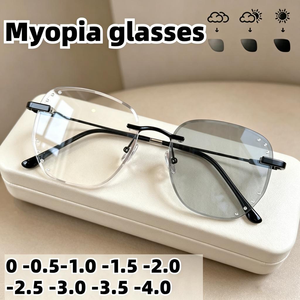 Stylish Rimless Photochromic Glasses , Rhinestone Decor Anti Blue Light Eyewear for Women, Adjustable Lens Strength 0 To -4.0, Ideal Holiday Gift
