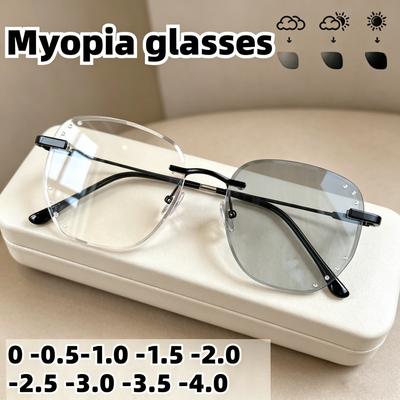 Stylish Rimless Photochromic Glasses , Rhinestone Decor Anti Blue Light Eyewear for Women, Adjustable Lens Strength 0 To -4.0, Ideal Holiday Gift
