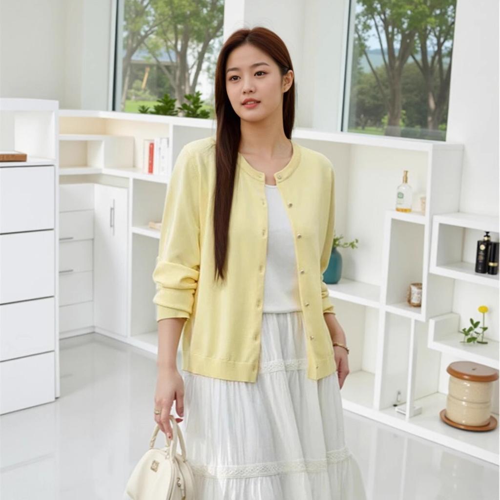 Women's Long Sleeve Cardigan Crew Neck Business Casual Knit Top