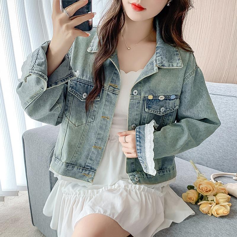 Design Sense Splicing Lace Edge Denim Jacket Women's Spring New Retro Versatile Light Color Jacket Top