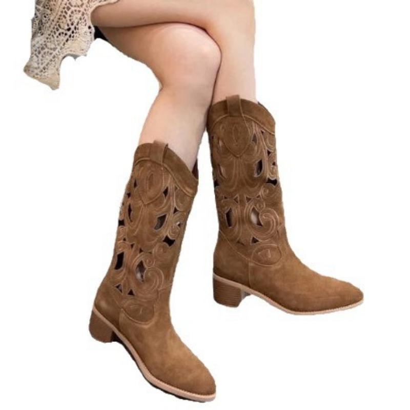 New summer flowers on the other side~ retro trend hollow embroidery breathable v-mouth western cowboy boots