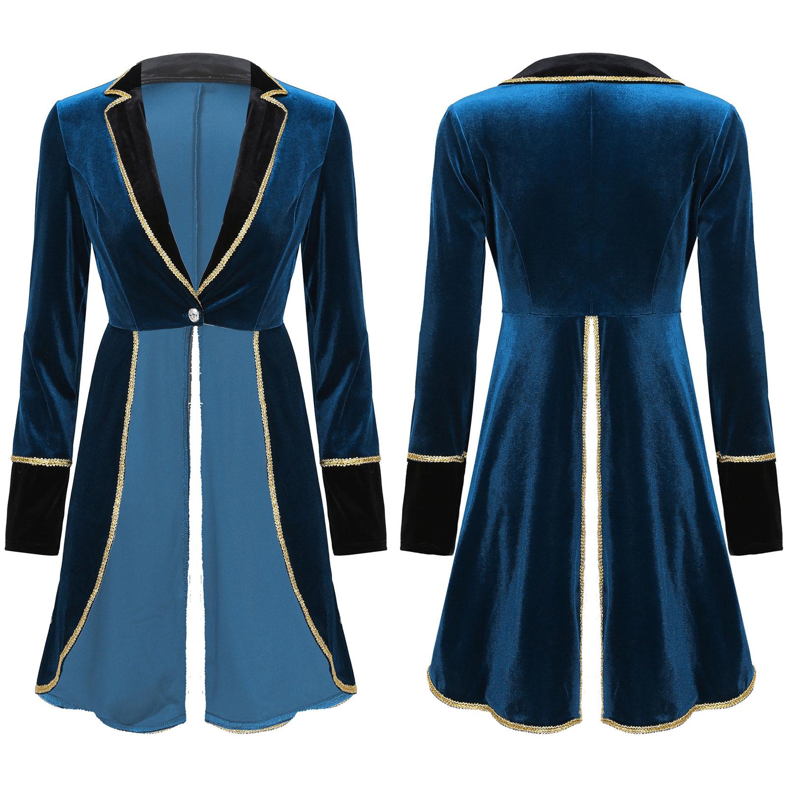 Veste de Maître de Piste de Cirque pour Femmes Redingote Costume de Showman Blazers en Velours Manteau Halloween Carnaval Cosplay Fête Tenue Rave S bleu