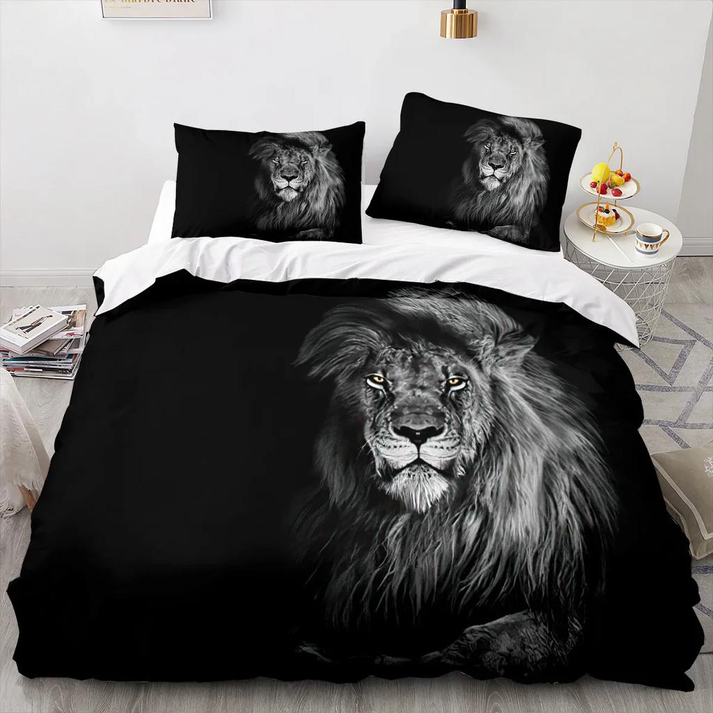 3PCS Lion Bedding Set Cool Animal Bed Linen Home Decor Single Double Twin Size For Boys Girls Kids Adults Lion Duvet Cover Set