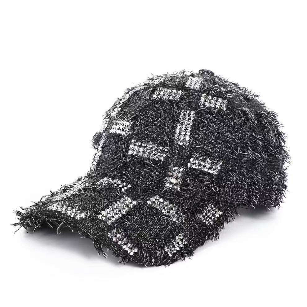 Vintage Distressed Frayed Denim Baseball Cap, Plaid Rhinestone Bling Hat, Y2K Hip Hop Streetwear For Women, Casual Sun Hat