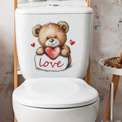 Valentine‘s Day Cute Bear with Love Heart Toilet Seat Sticker Bathroom Decor Removable Waterproof Decal