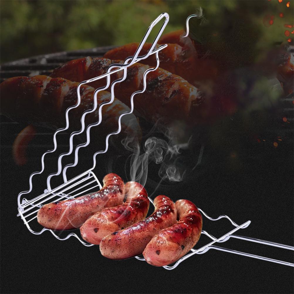 Barbecue Grilling Basket 6 Hot Dogs Metal Barbecue Sausage Rack Grill Mesh Clip Holder Picnic