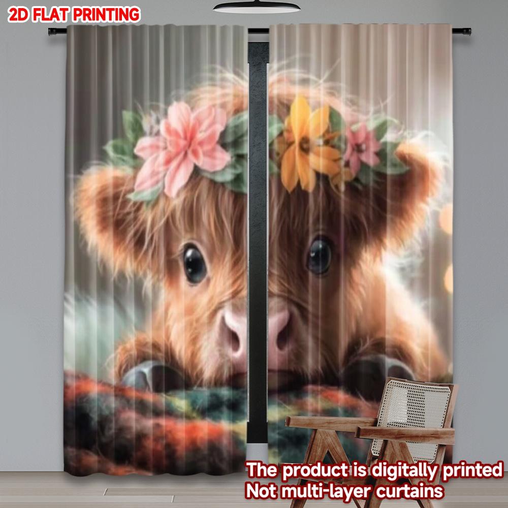 Flower Crown Cow Curtains Digital Printing Cute Blushing Pink Yellow Floral Wreath Kids Room Nursery Decor Curtain Set Of 2 Made Polyester Washable