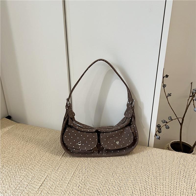 

Polka Dot Canvas Hobo Bag With Dual Pocket Design Y2k Style Adjustable Shoulder Strap Lightweight Versatile Commute Underarm Bag 23x8x14cm кавовий