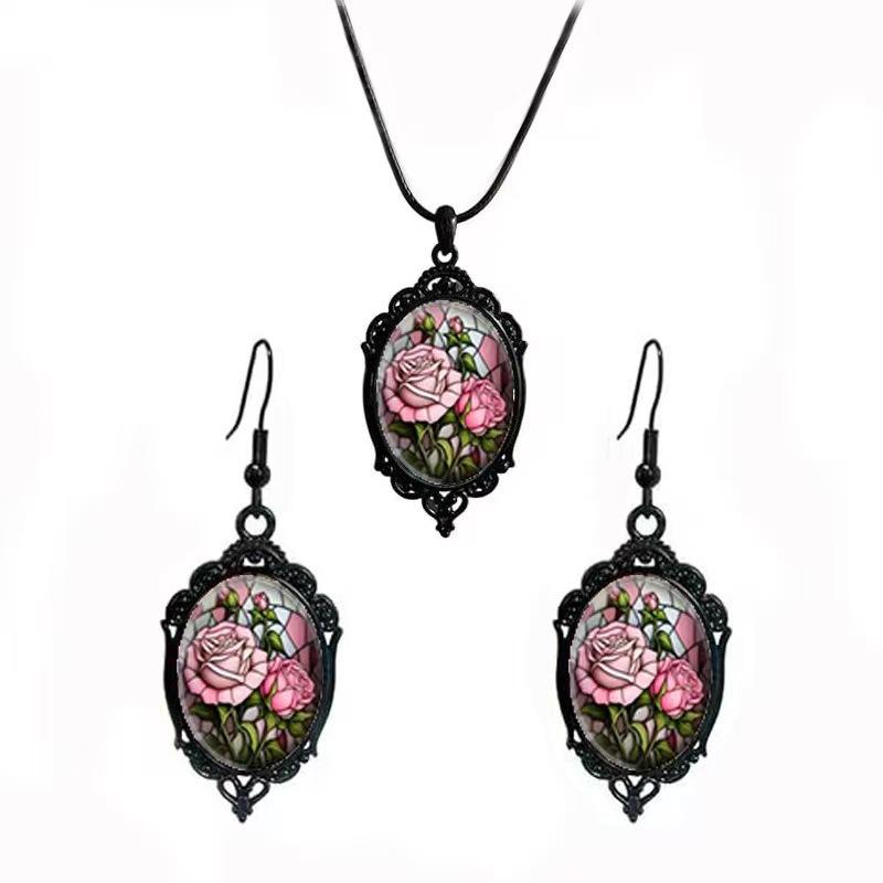 Flower Pattern Black Frame Glass Pendant Earrings, Necklace Set