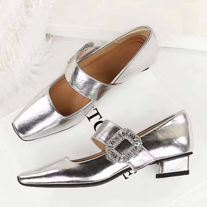 Fashion Designer 2025 Spring Suqare Toe Women Mary Jane Shoes Fashion Shallow Elegant Silvery Crystal Buckle Low Heel Party Footwear