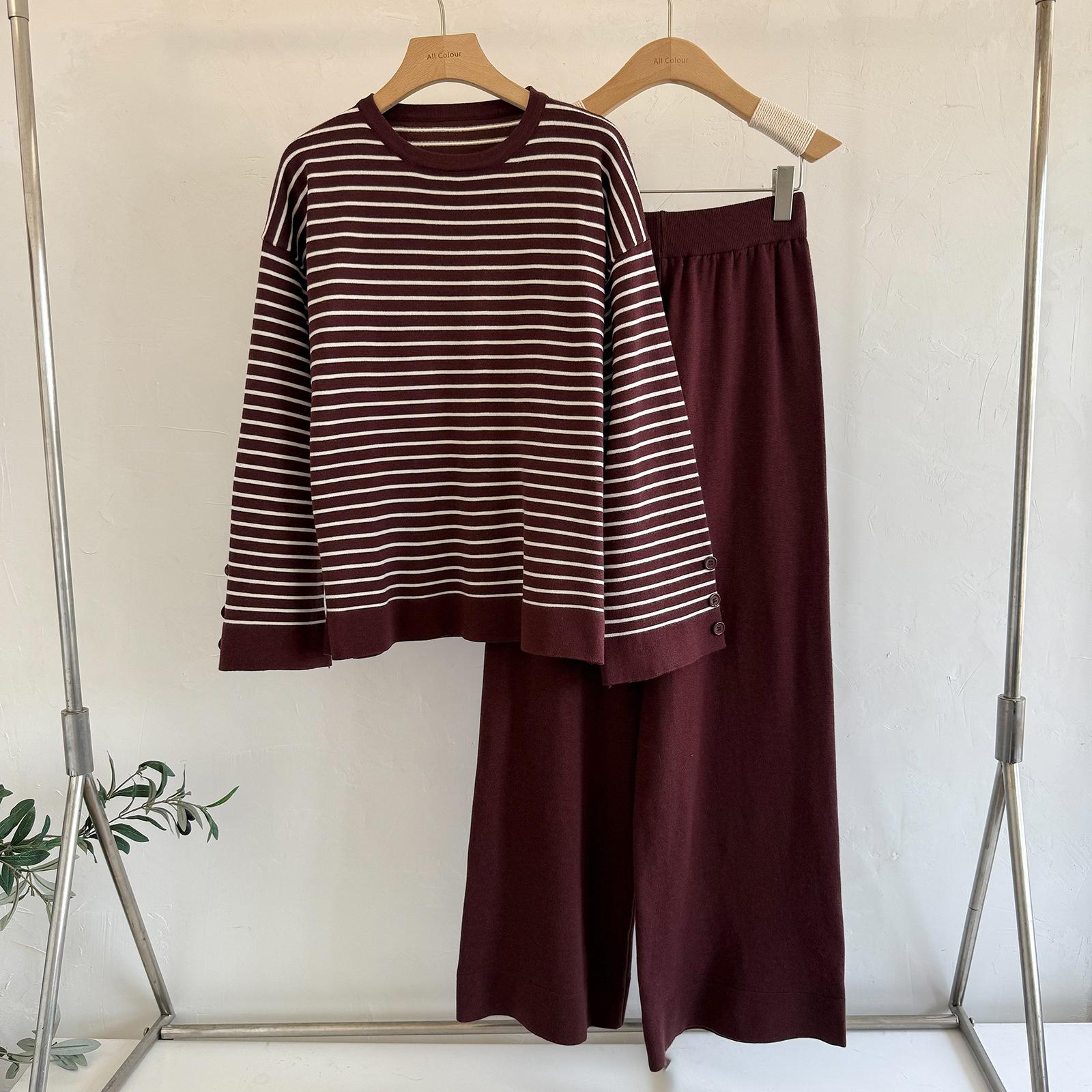 

Корейский повседневный костюм женский осенне-зимний женская одежда полосатый топ повседневные широкие брюки модный темперамент One size кофейный