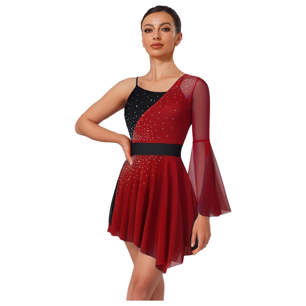 Womens Shiny Figure Skating Dress Color Block Mesh One Flare Sleeve Built In Briefs Irregular Leotard