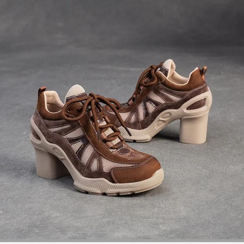 Johnature Fashionable Breathable Sports Style High Heels Mixed Colors Versatile Lace-up Women's Shoes