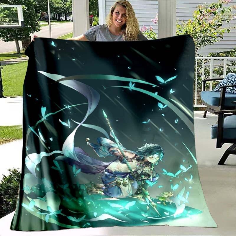Game Genshin Impact Flannel Throw Blanket Gamer Cartoon Bedspread Smooth Soft Warm Gamer Gift Bed Sofa Home Bedroom Office Decor