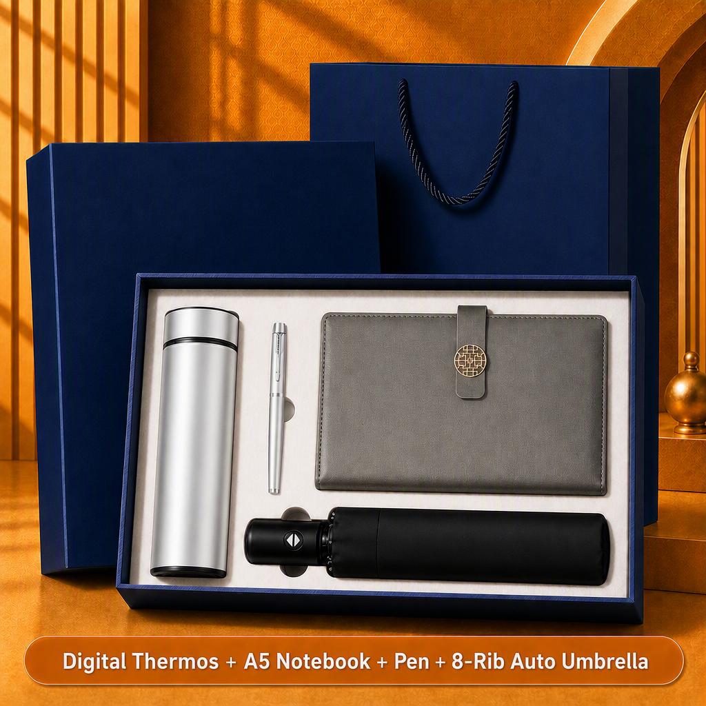 Custom Logo 7-in-1 Business Gift Set Power Bank Bluetooth Speaker Vacuum Flask 304 Stainless Steel Silver Gift Box