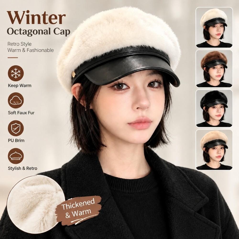 PU Brim Newsboy Cap Adjustable Navy Hat Soft Touch Beret Cap Winter Daily