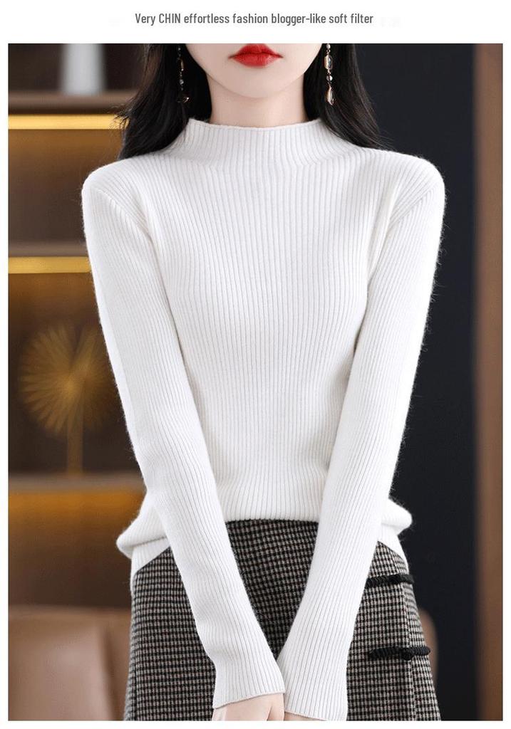 Women's Slim Fit Short Wool Knit Sweater - Solid Color, Half-High Collar