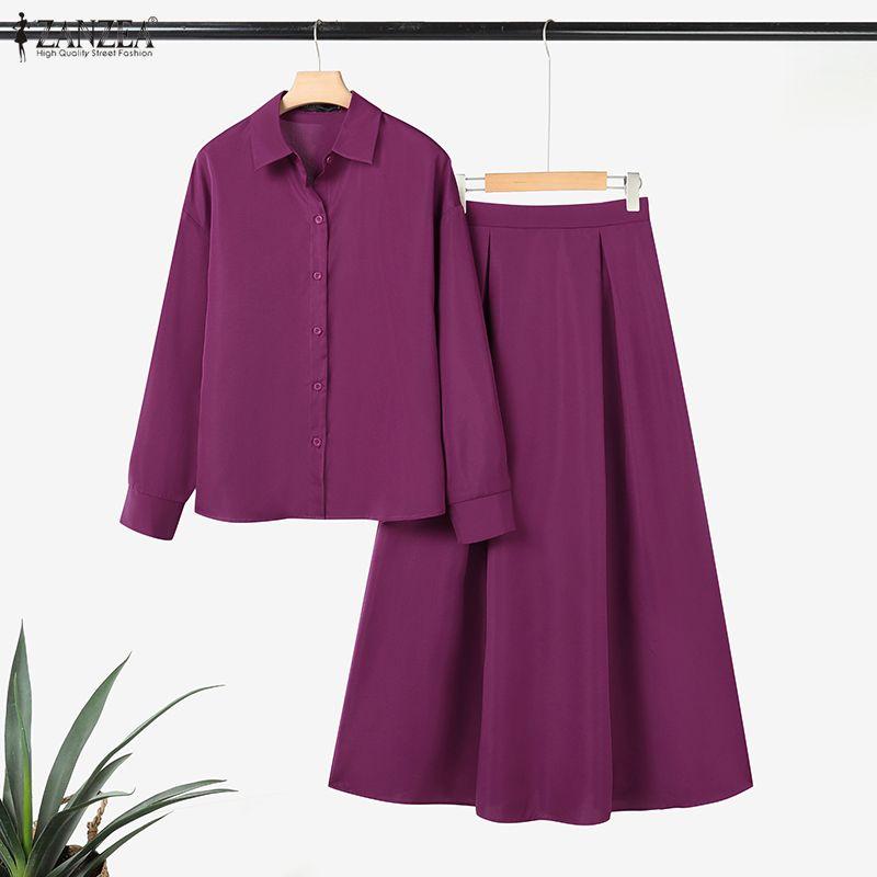 ZANZEA Damen Langarmbluse und Lange Röcke Lässige Zweiteiler Anzugsets