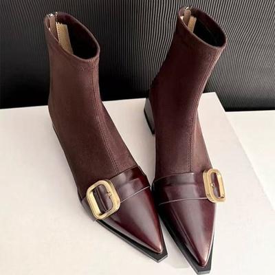 Qualität Elegant Spitz zulaufend Damen Stiefeletten Wildleder Mittlere Absätze Trendige Absatzzapatos Neue Pumps Winterlich Lässig Frau Kurze Chelsea Stiefel