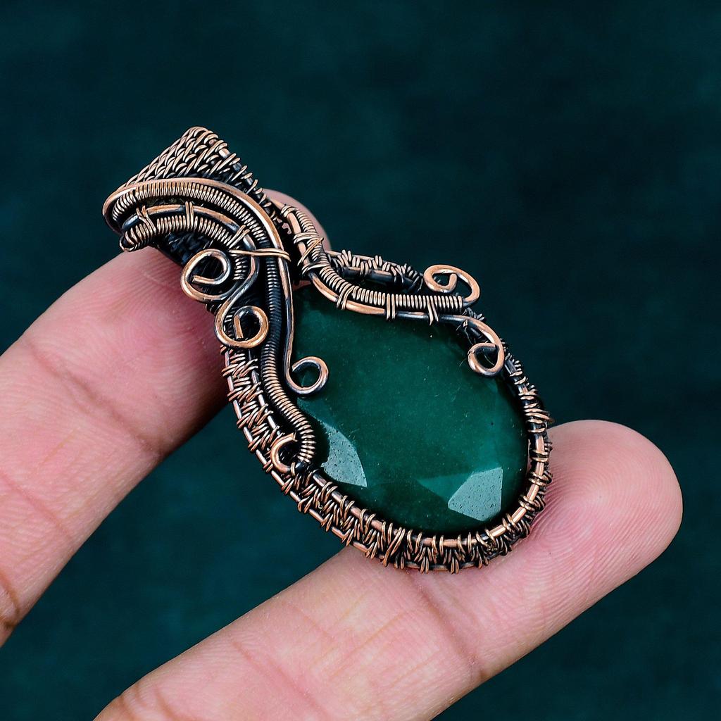 Faceted zambian emerald pendant copper wire wearing pendant gemstone jewelry handmade jewelry chain pendant antique jewelry gift for women