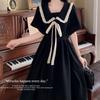 Plus Size Women's Summer Black Doll Collar Dress - French Academy Style with Lace-up Waist