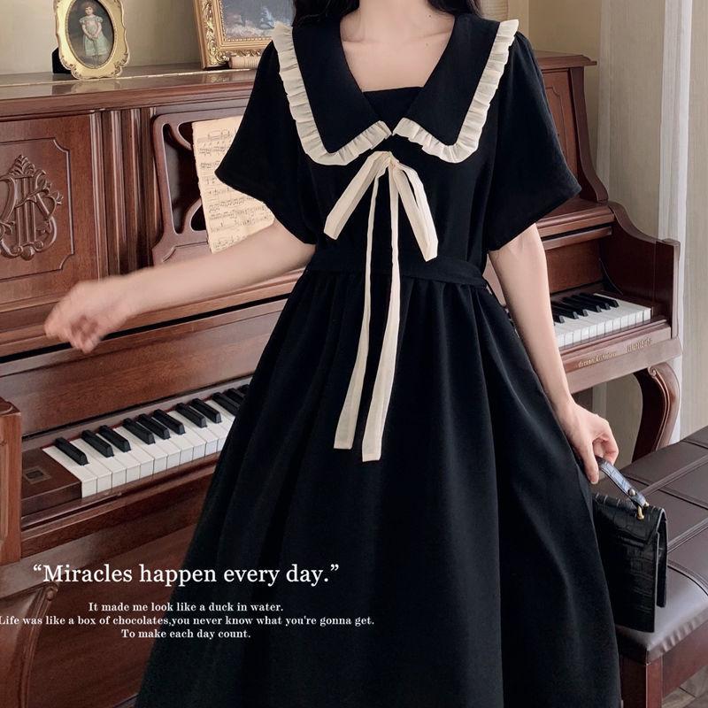 Plus Size Women's Summer Black Doll Collar Dress - French Academy Style with Lace-up Waist