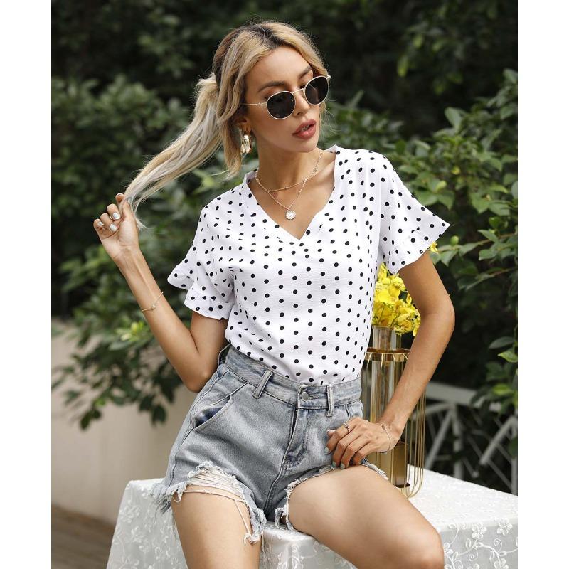 Women's Summer Polka Dot V-Neck Short Sleeve T-Shirt Top