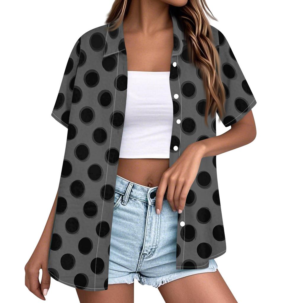 Women's Casual Loose Fit Short Sleeve Button Down Shirt Polka Dot Print Collared Blouse Lightweight Summer Top