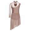 Girls Asymmetrical Lyrical Dance Costume Mock Neck Cutout Sheer Mesh Patchwork Shiny Rhinestones Side Split Dress