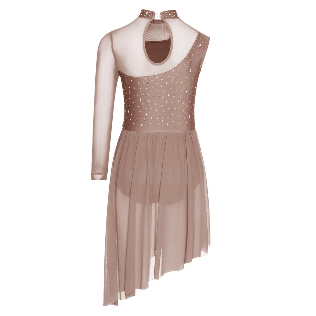 Girls Asymmetrical Lyrical Dance Costume Mock Neck Cutout Sheer Mesh Patchwork Shiny Rhinestones Side Split Dress