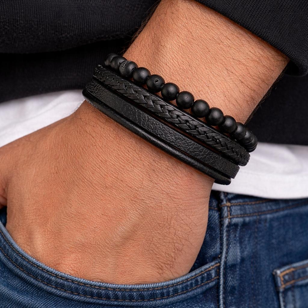 Men' Leather Bracelet Titanium Braided As A Gift THICK Fashionable