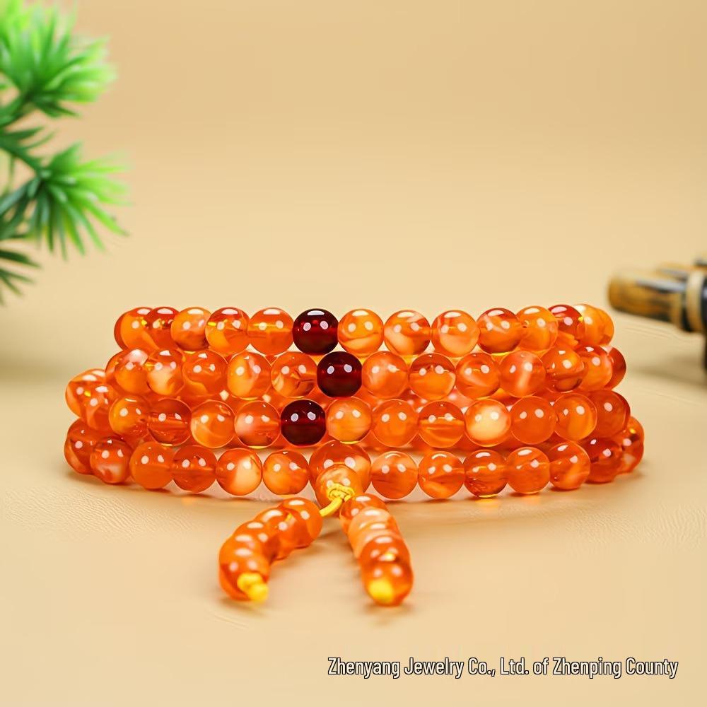 High-Quality Imitation Amber Beeswax Prayer Necklace with Fluorescent 108 Beads and Pine Scent.