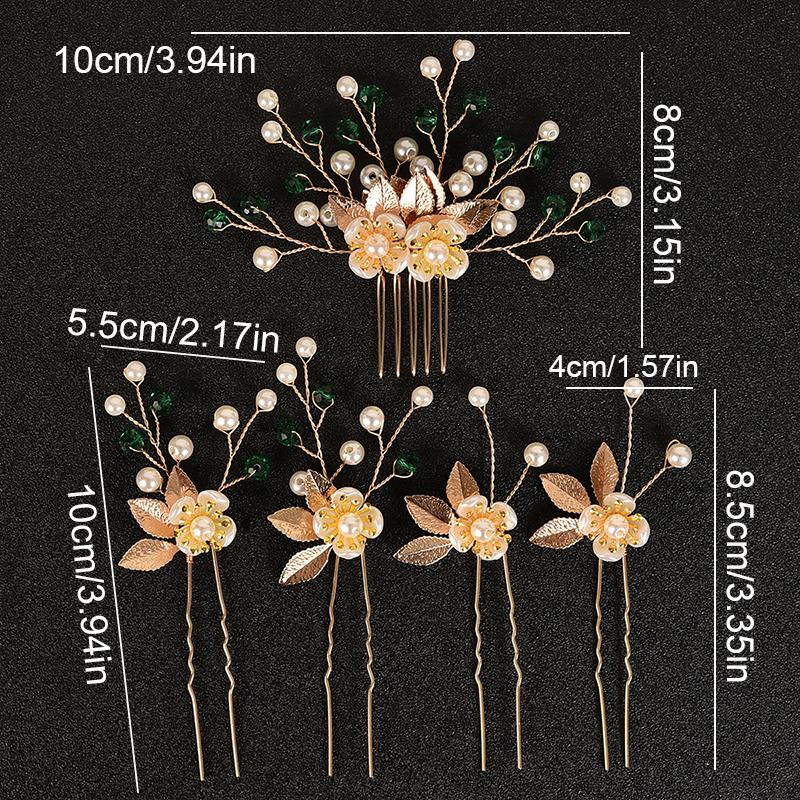 5PC Pearl Floral Ornament Leaf Vintage Gold Retro 5-Pack Exquisite Hair Clips Fairy Hair Forks Elegant