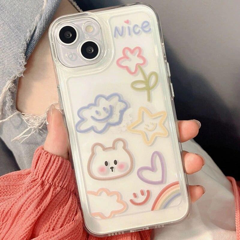 Cute Graffiti Mobile Phone Case Suitable For IPhone12/13/14/15 Female Fashion Pattern Transparent Silicone Mobile Phone Case
