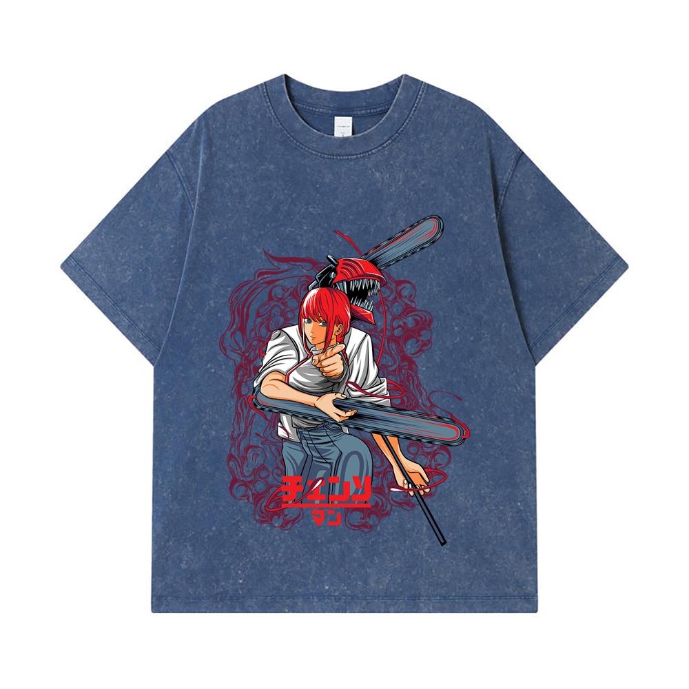

275 GSM Washed T-shirts 100% Cotton Chainsaw Man V42 Denji Makima Print Unisex Heavy Cotton T Shirt 2XL королівський синій колір