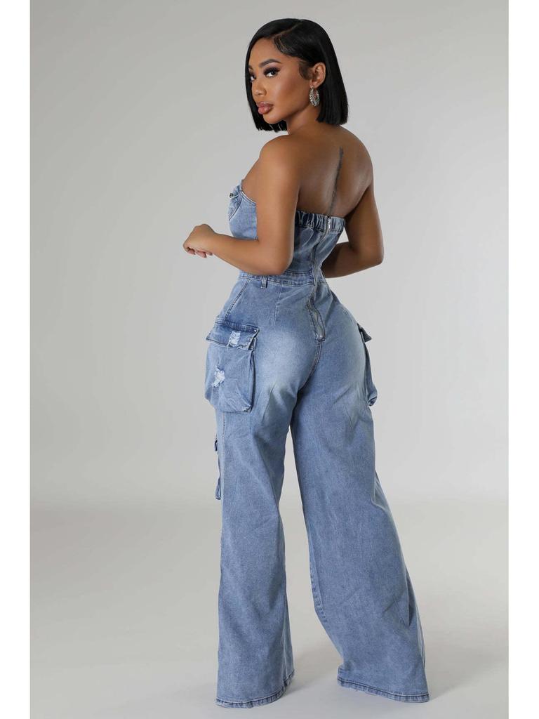 Europeisk og amerikansk avslappet stroppeløs slim-fit denimjumpsuit for kvinner