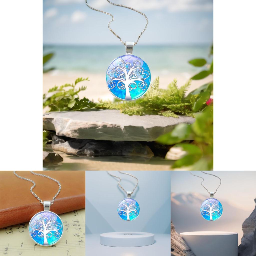Elegant Tree Pattern Pendant Necklace In Vintage Silver Color With Classic Glass Cabochon