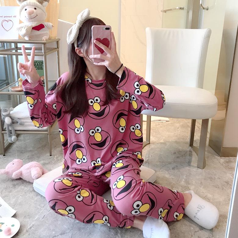 Women's Korean Style Pajama Set: Long Sleeve, Round Neck, Cute Cartoon Print, Comfortable for Spring & Autumn
