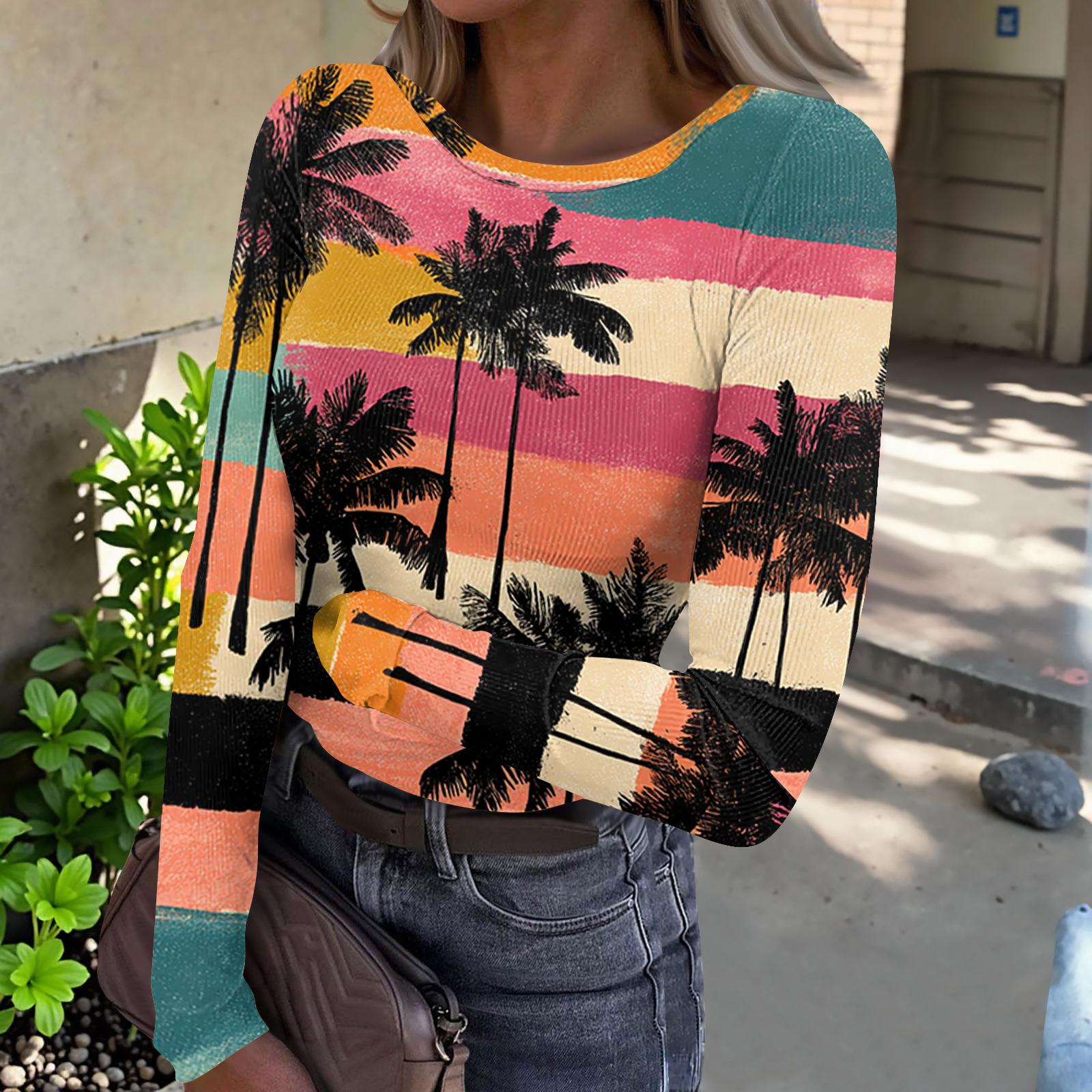 Women s Casual Fashion Round Neck Hawaiian Print Long Sleeve Ribbed Top XL оранжевый