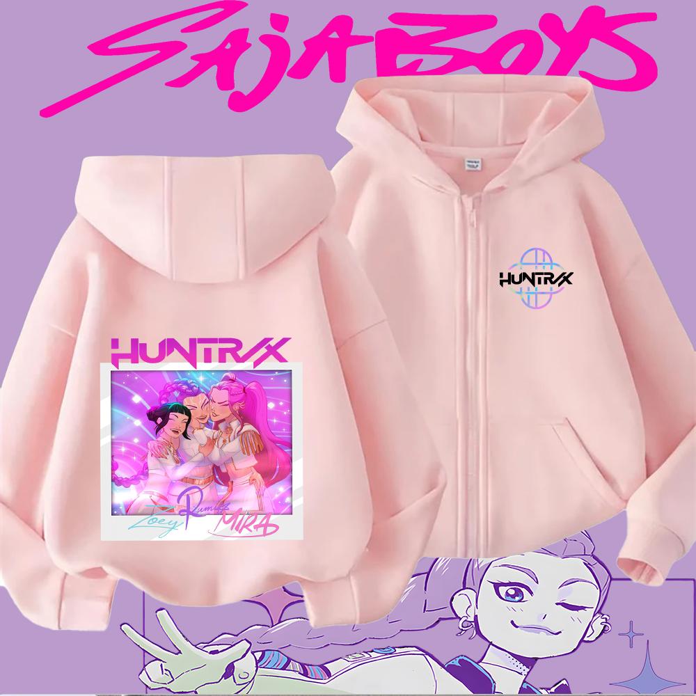 Huntrix Girls Zoey Rumi Mira Cartoon Print Kids' Zipper Hoodie Casual Long Sleeve Sweatshirt for Children