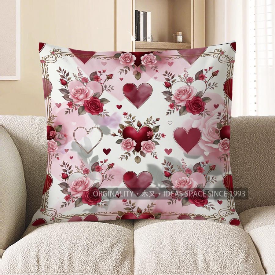 2D Heart & Rose Pattern Decorative Pillow Covers Pattern Cushion Cover Suitable For Sofa Bedroom Car Pillow Cover