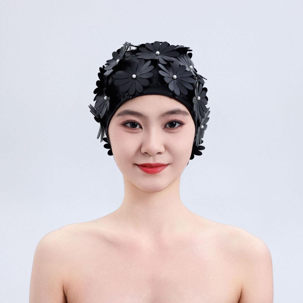 2026 PU Waterproof Swimming Cap Female Double Thickened Handmade Three-dimensional Single-layer Three-layer Flowers Fashion Female Swimming Cap