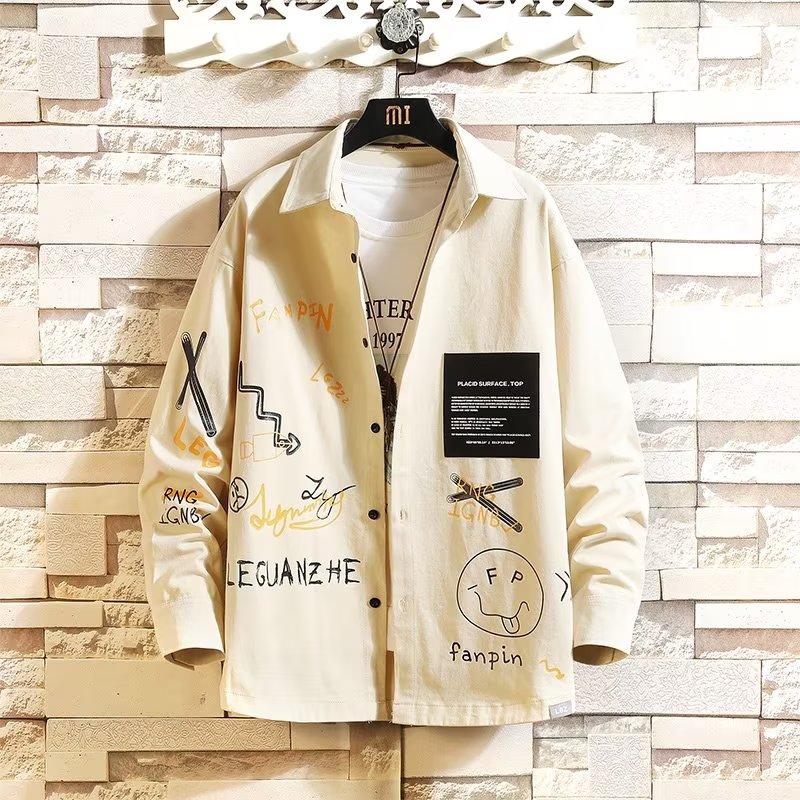 Camicia da Uomo Giapponese alla Moda a Manica Lunga con Stampa Graffiti Ruffles Non Stiro Lavoro Bello Taglio Ampio Casual Vestiti Bellissimi