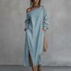 Women's One Shoulder Long Sleeve Maxi Dress, Casual Cotton Linen Long Tunic Dress, Side Slit Summer Loose Dress with Pockets